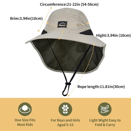 ZOORON Kids Sun Hat with Neck Flap Beach Fishing Bucket for Boys Girls - color: Khaki