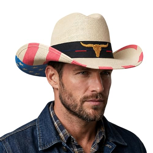 Cattleman Straw Western Cowboy Hat for Men Women, American Flag Hat - size: Medium