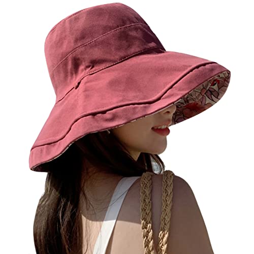 HUAMULAN Wide Brim Women Summer Sun Floppy Hat Reversible Beach Bucket Hat - color: M1744-jiuhong