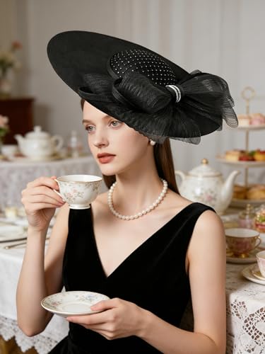 dressfan Wide Brim Fascinator Hats for Women,20s Linen Rhinestones Bow Big Hat for Derby Church Wedding Tea Party - color: Black