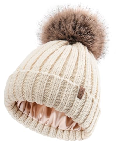 FURTALK Toddler Beanie Satin Lined Baby Boys Girls Winter Hats Pom Pom Beanies for Kids - color: Beige, size: 2-8 Years