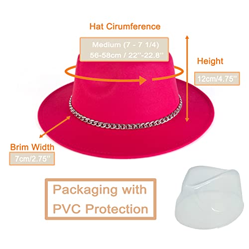Women Men Wide Brim Fedoran Hat with Chain Belt Buckle - color: Rose Red