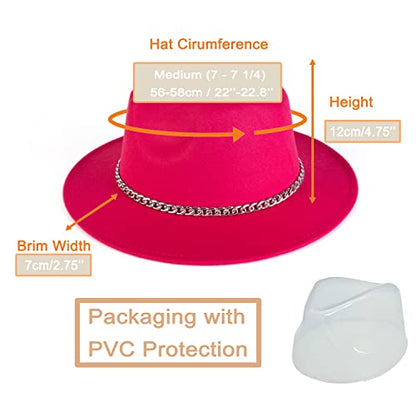 Women Men Wide Brim Fedoran Hat with Chain Belt Buckle - color: Rose Red