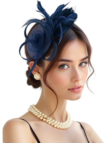 Fascinators Hats for Girls and Women Feather Tea Party Hats Weddinh Mesh Hat with Headband and Clip - color: Blue