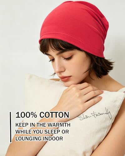 ROYBENS 100% Cotton Thin Slouchy Beanie Hat Women Men Lightweight Chemo Cap - color: 1pcs-red
