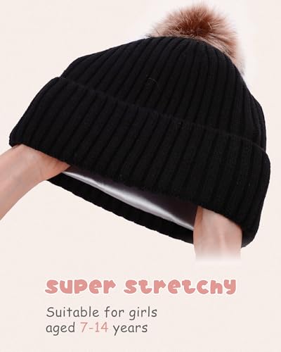 LiuSuper Kids Winter Hat, Girls Beanies 7-14, Satin Lined Beanie for Girls, Pom Pom Silk Lined Cuffed Beanie - color: White
