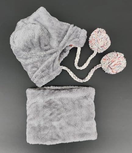 HUAMULAN Women Winter Knit Beanie Hat Circle Scarf Set Pompoms Ear Flaps - color: Beige