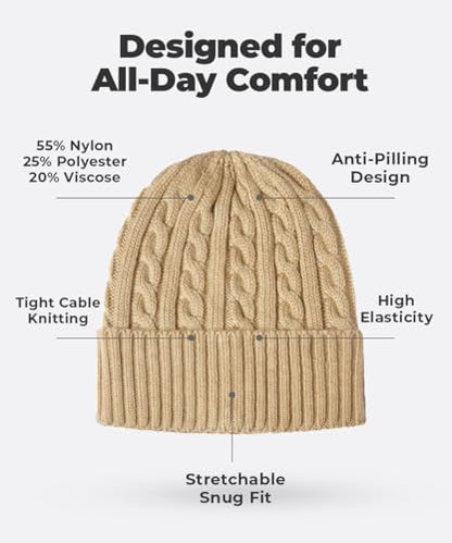 Revony Cable Knit Cuff Beanie for Women – Soft, Cute & Perfect for Everyday Winter Wear - color: Tan