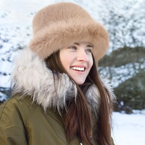 Peicees Winter Bucket Hat for Women Fur Russian Ushanka Ladies Fluffy Snow Hat Fuzzy Fisherman Cap Warm Cute - color: Khaki