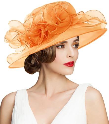 Women's Kentucky Derby Church Dress Hat Wide Brim Leaf Flower Bridal Shower Hat - color: A12-golden Orange