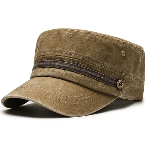 Unisex Cadet Army Cap Military Adjustable Flat Top Hat for Men Women - color: Washed Khaki