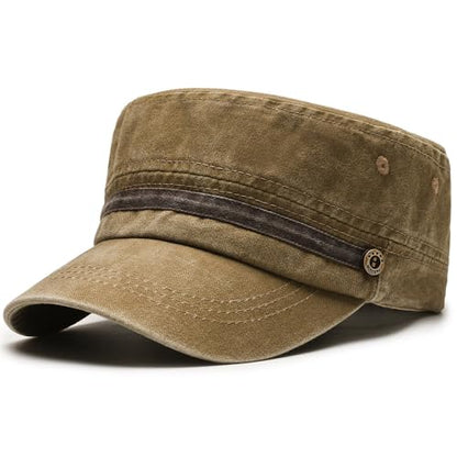 Unisex Cadet Army Cap Military Adjustable Flat Top Hat for Men Women - color: Washed Khaki