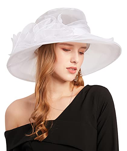Women's Kentucky Derby Church Dress Hat Wide Brim Leaf Flower Bridal Shower Hat - color: G3 White