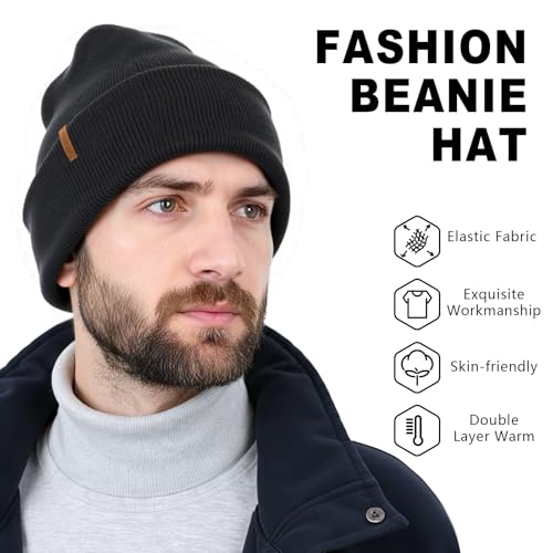 Beanie for Men Women, Winter Double Layer Warm Hat Skull Cap - color: Black