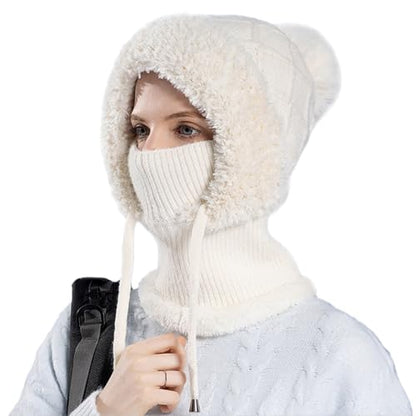 Women’s Knitted Beanie Hat with Face Cover - 3 in 1 Winter Balaclava with Mask Scarf Ear Muffs Pompom Fleece Lined Snow Caps - color: White-b