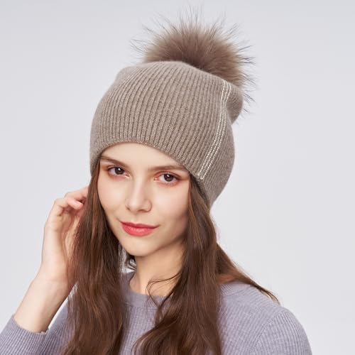 Women's Knitted Angora Wool Hat for Autumn and Winter Warm and Stylish with Rolled Brim and Slanted Rhinestones Cap - color: A-camel