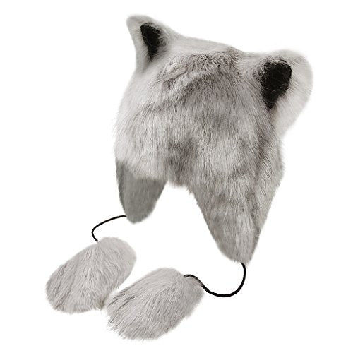 Holiberty Cute Animal Horns Ears Winter Hat Plush Fur Warm Trapper Hat Funny Viking Christmas Halloween Costume Snow Ski Hat - color: Grey, With Cat Ears & Poms