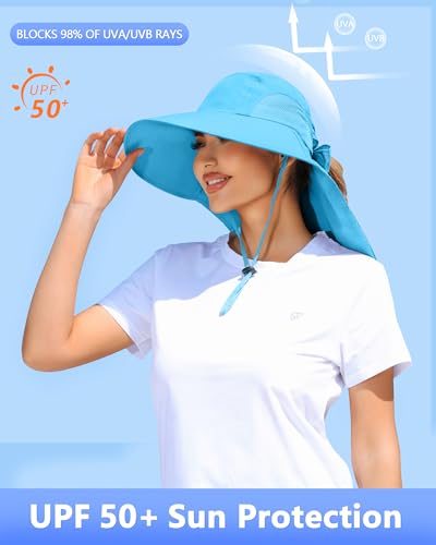 Womens Sun Hat Outdoor UV Protection Wide Brim Fishing Hat with Ponytail Hole Neck Flap for Beach Hiking Camping - color: Sun Hat-sky Blue