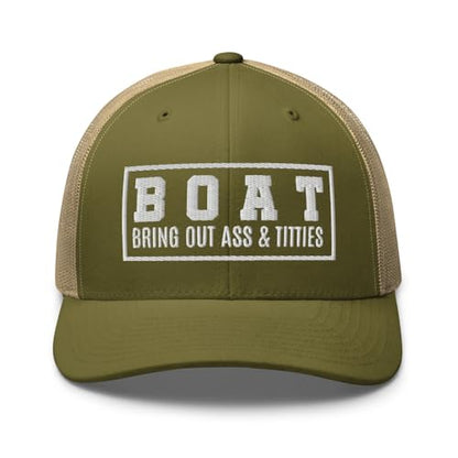NG Boat Bring Out Ass and Titties Curved Bill Trucker Hat Mid Crown Adjustable Funny Adult Humor Cap - color: Moss/ Khaki