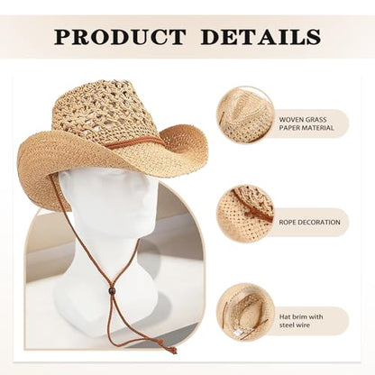 Women/Men Straw Cowboy Hat Wide Brim Sun Beach Cowgirl Hat Summer Western Cowboy for Travel Outdoor Family - color: Beige