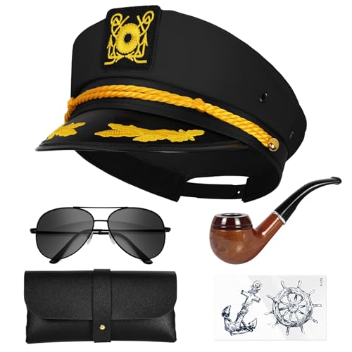 dodowin Captain Sailor Hat Set for Women Men, Yacht Rock Party Costume 4pcs - style: Black Captain Hat Set