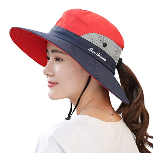Muryobao Women's Ponytail Sun Hat UV Protection Foldable Mesh Wide Brim Beach Fishing Hat - color: Navy
