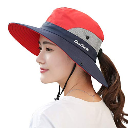 Muryobao Women's Ponytail Sun Hat UV Protection Foldable Mesh Wide Brim Beach Fishing Hat - color: Navy