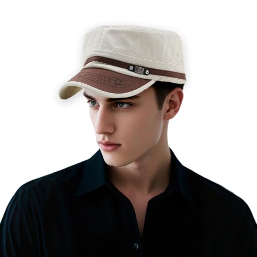 Cadet Army Cap for Men Women Military Adjustable Unisex Flat Top Hat - color: White