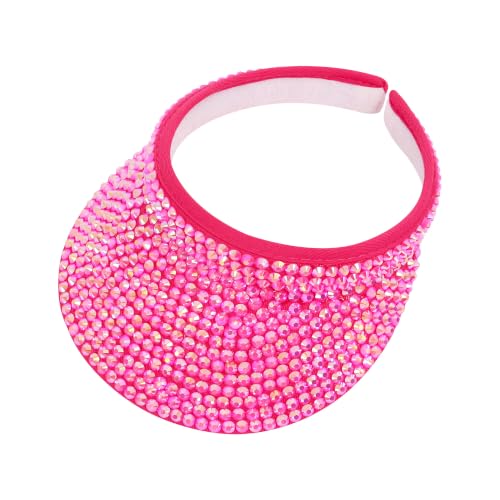 Haoohu Shiny Rhinestones Clip On Sport Sun Visor Hat for Women Men Outdoor Adjustable Wide Brim Summer Cap - color: Rose Red Rhinestone