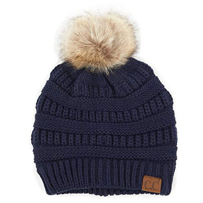 C.C Hatsandscarf Exclusives Unisex Solid Ribbed Beanie with Pom (HAT-43) - color: A Gift Set-navy