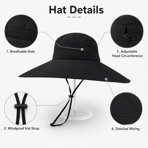 Wide Brim Sun Hat for Men Women UV Protection Bucket Fishing Hats - color: Black Solid