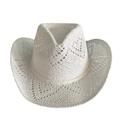 Straw Cowboy Cowgirl Hats for Women Men Shapeable Short Brim Beach Hat Western Sun Hats for Rodeo Country Party - color: White