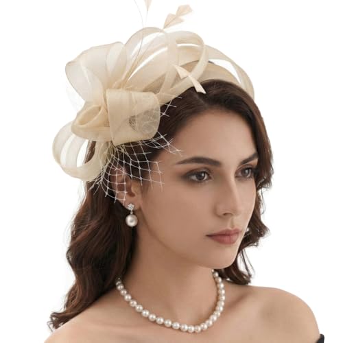 DRESHOW Fascinators Hats for Women Tea Party Hat Vintage Derby Pillbox Kentucky Hat Church Cocktail Headwear - color: 1 Pack Fascinator Headband: Beige
