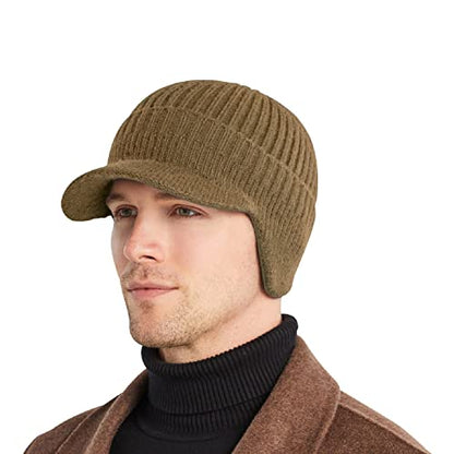 Men's Winter Hat with Brim, Warm Earflaps Hat for Men, Thick Fleece Lined Knit Winter Beanie Outdoor - color: Khaki
