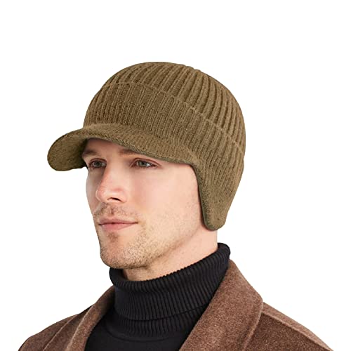 Men's Winter Hat with Brim, Warm Earflaps Hat for Men, Thick Fleece Lined Knit Winter Beanie Outdoor - color: Khaki