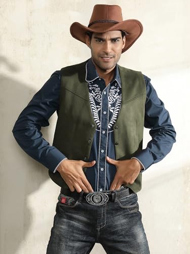 PJ PAUL JONES Men's Western Cowboy Vest Leather Suede Casual Waistcoat - color: Army Green, size: XX-Large