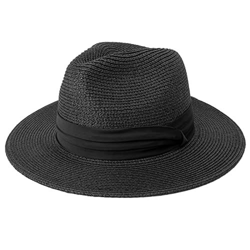 AQOKKA Summer Straw Fedora Hat for Women Men Travel Panama Hat with Wide Brim Roll Up Sun Hat for Beach Outdoor UPF 50+ - color: Black: 1 Pack