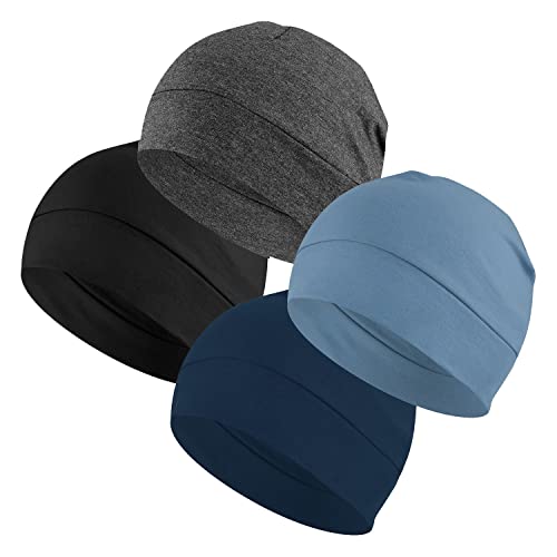 Headshion 100% Cotton Skull Caps Beanie Sleeping Hats for Men Women - color: 4 Black & Grey & Navy Blue & Denim Blue