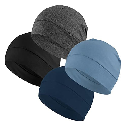 Headshion 100% Cotton Skull Caps Beanie Sleeping Hats for Men Women - color: 4 Black & Grey & Navy Blue & Denim Blue