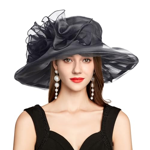 2026 Derby Hats for Women Ladies, Classy Organza Sun Hat, Church Tea Party Wedding Kentucky Fascinator Hat - color: 1a--4541-black