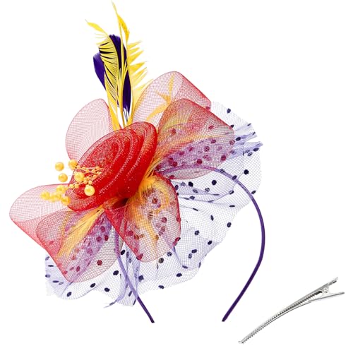 Zando 2026 Mesh Ken-Tucky Derby Fascinators Hats for Women Girls with Clip and Headband Vintage Wedding Church Tea Party - color: Red & Purple & Yellow
