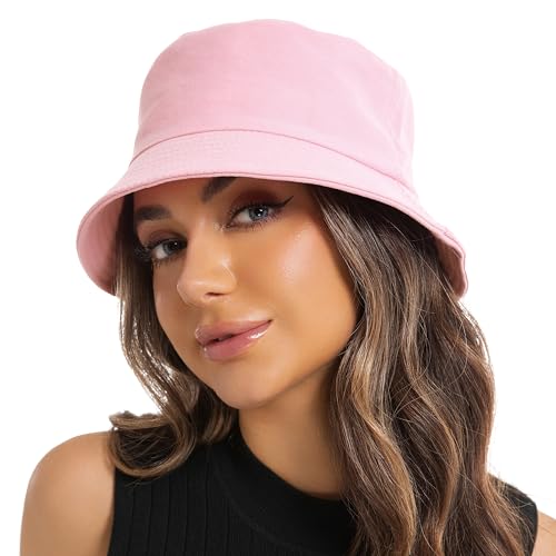 Wheebo Solid Color Bucket Hat for Women Summer Beach Fishmen Hat for Lady Adult Unisex Cotton Cap…… - color: A-sc-pink