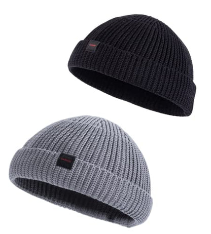 2 Pack Fisherman Beanie Hats for Men Women,Knit Trawler Skull Cap,Watch Cap,Spring Fall Winter Warm Short Hats - color: (Cotton) 2pcs:black+grey(m)