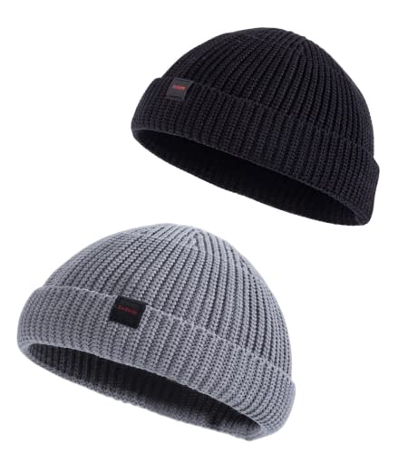 2 Pack Fisherman Beanie Hats for Men Women,Knit Trawler Skull Cap,Watch Cap,Spring Fall Winter Warm Short Hats - color: (Cotton) 2pcs:black+grey(m)