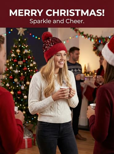 Women Sparkly Sequins Knitted Beanie Hat Warm Winter Skull Cap with Faux Fur Pom Pom - color: Red