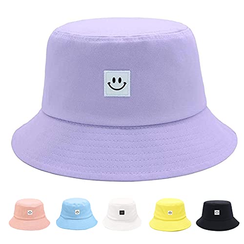 Kids Sun Hat Smile Face Bucket Hat for Girls Boys Summer Sun Protection Cotton Unisex Beach Cap - color: Purple