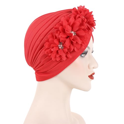 Flower Pre-Tied Turban Beanie, Soft Chemo Cap for Women Cancer Hair Loss - color: Red