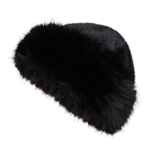 Womens Faux Fur Hat Winter Thickened Bucket Hat Warm Faux Fur Hats Plush Mongolian Hats Russian Beret for Women - color: Black