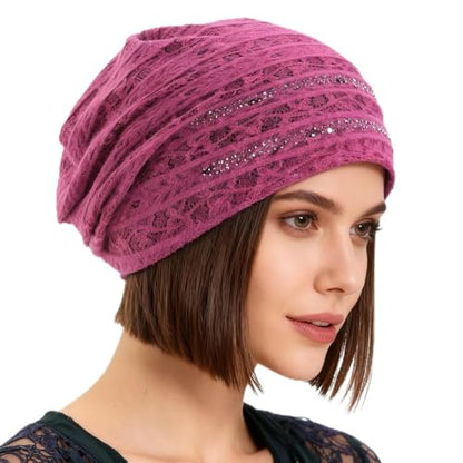 Crochet Slouchy Beanie Hat Turbans Headware for Women - color: Bea16 - Pink