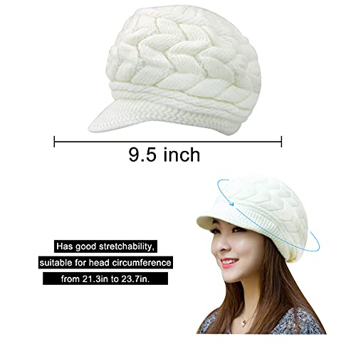 Andiker Winter Knit Hat for Women, Slouchy Beanies Cap with Brim, Warm Fleece Lined Women Thick Hat - color: White